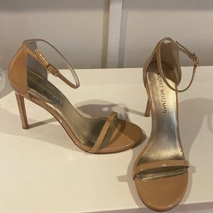 Stuart Weitzman Nudistcurve Patent Ankle-Strap Sandals, Size 10